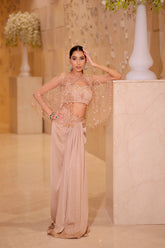 Nude Peach Draped Skirt Set with Embellished Cape & Blouse